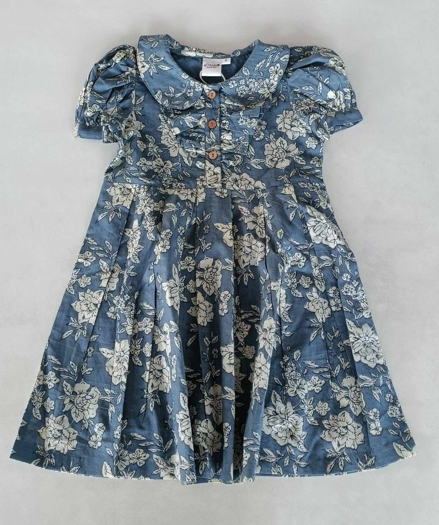 Grey Floral Printed Puff Sleeves Gathered Dress : Infant : Baby : Toddler : Tween : Kids