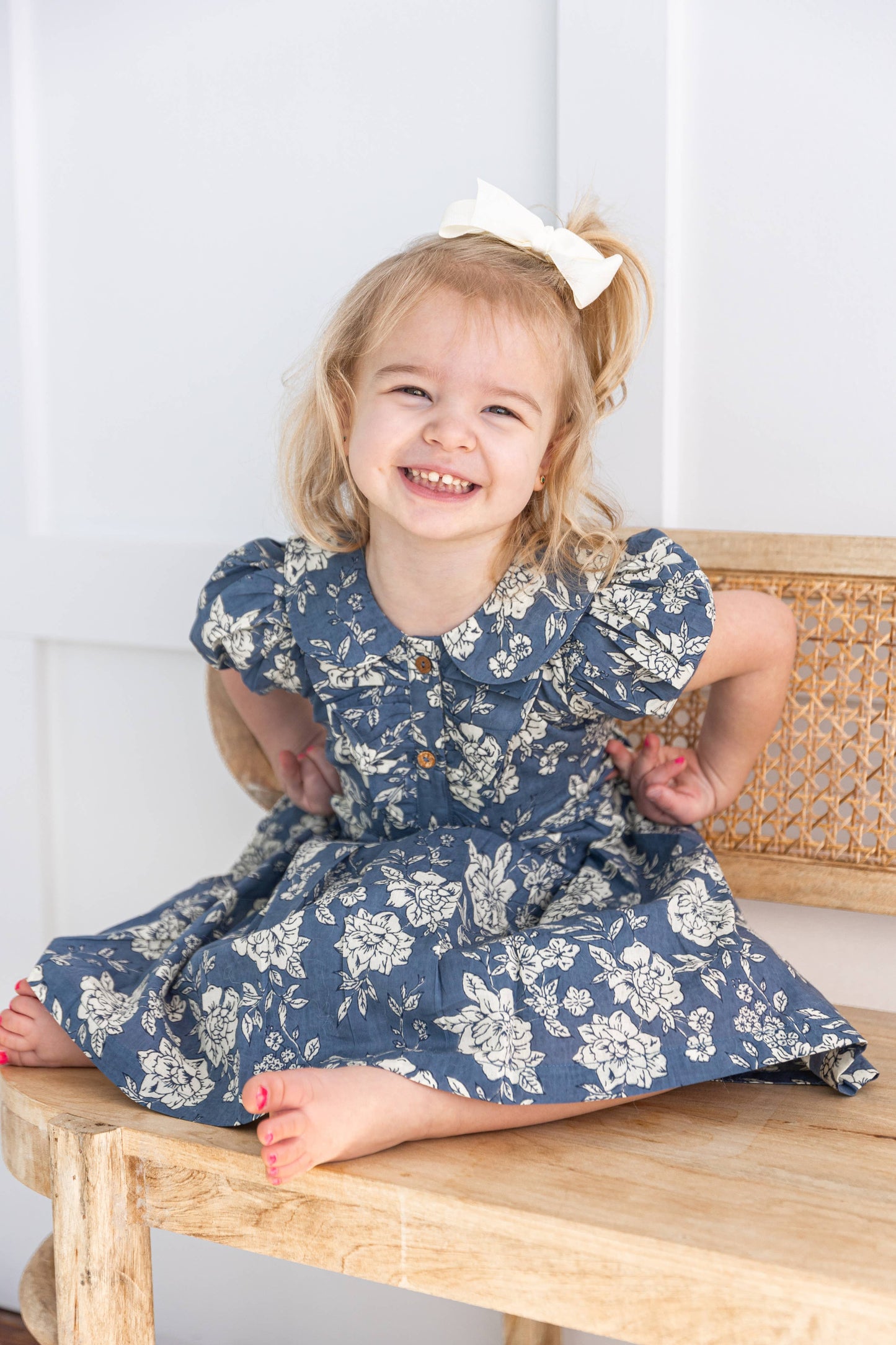 Grey Floral Printed Puff Sleeves Gathered Dress : Infant : Baby : Toddler : Tween : Kids