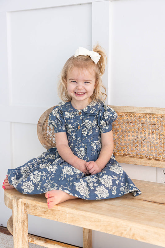 Grey Floral Printed Puff Sleeves Gathered Dress : Infant : Baby : Toddler : Tween : Kids