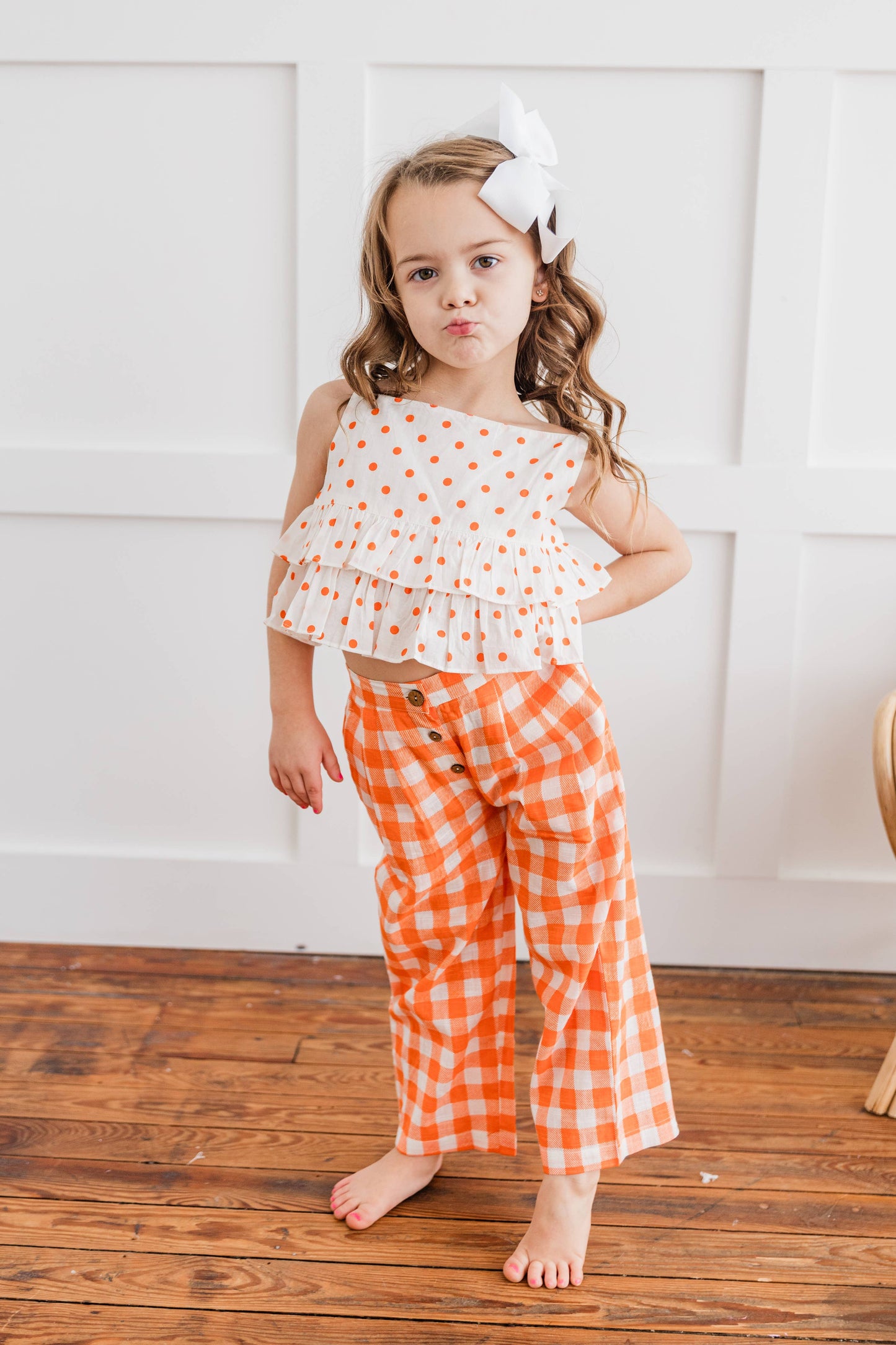 Orange Polka Dot Top & Orange Checkered Pants Set : Toddler : Tween : Kids