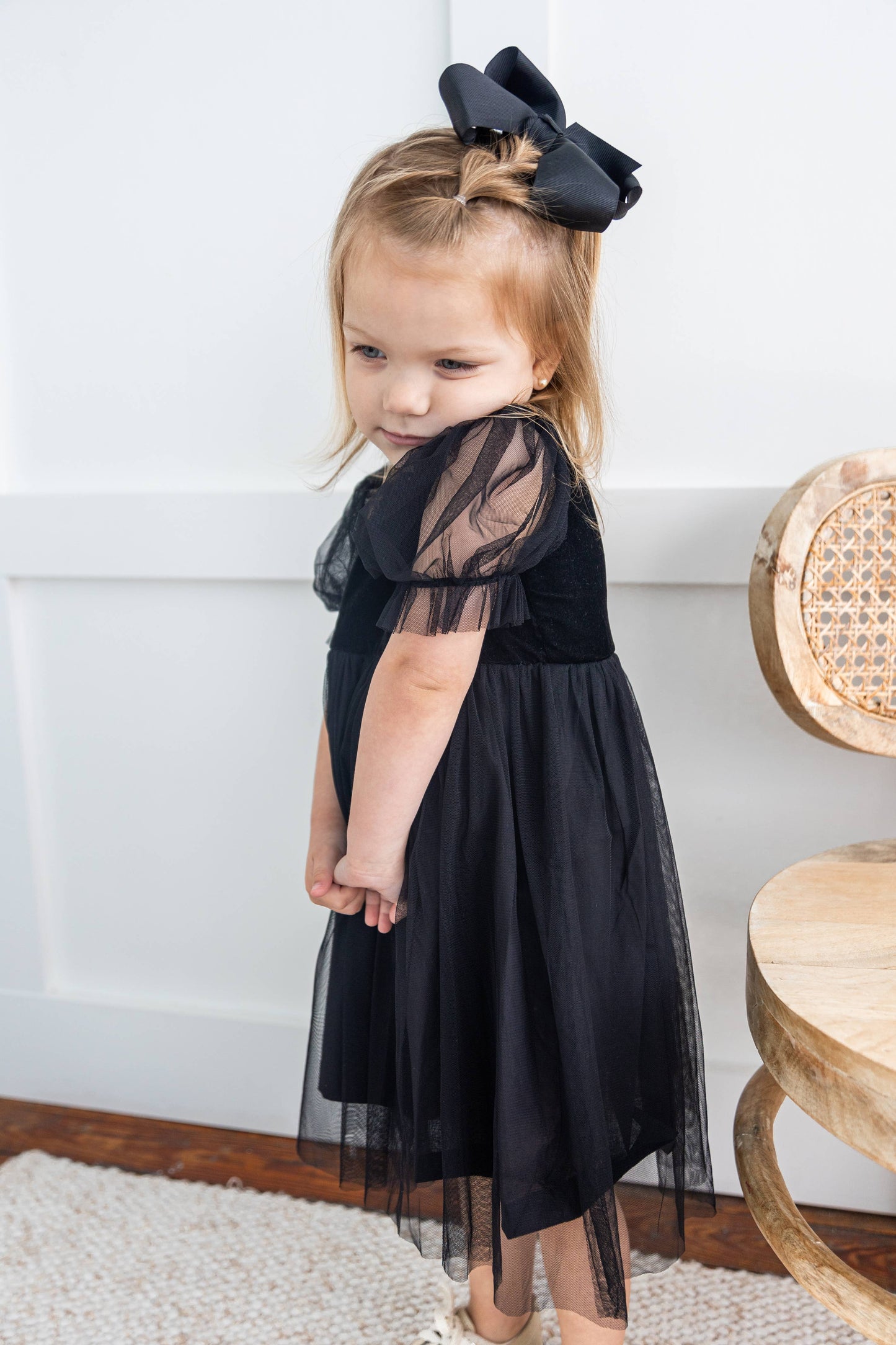 Black Tulle Puff Sleeves Gathered Dress : Infant : Baby : Toddler : Tween : Kids