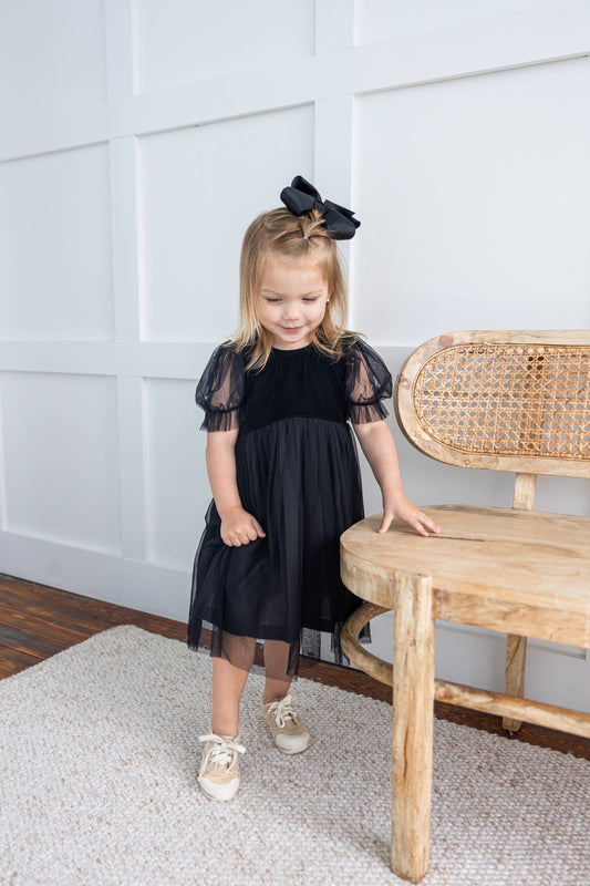 Black Tulle Puff Sleeves Gathered Dress : Infant : Baby : Toddler : Tween : Kids