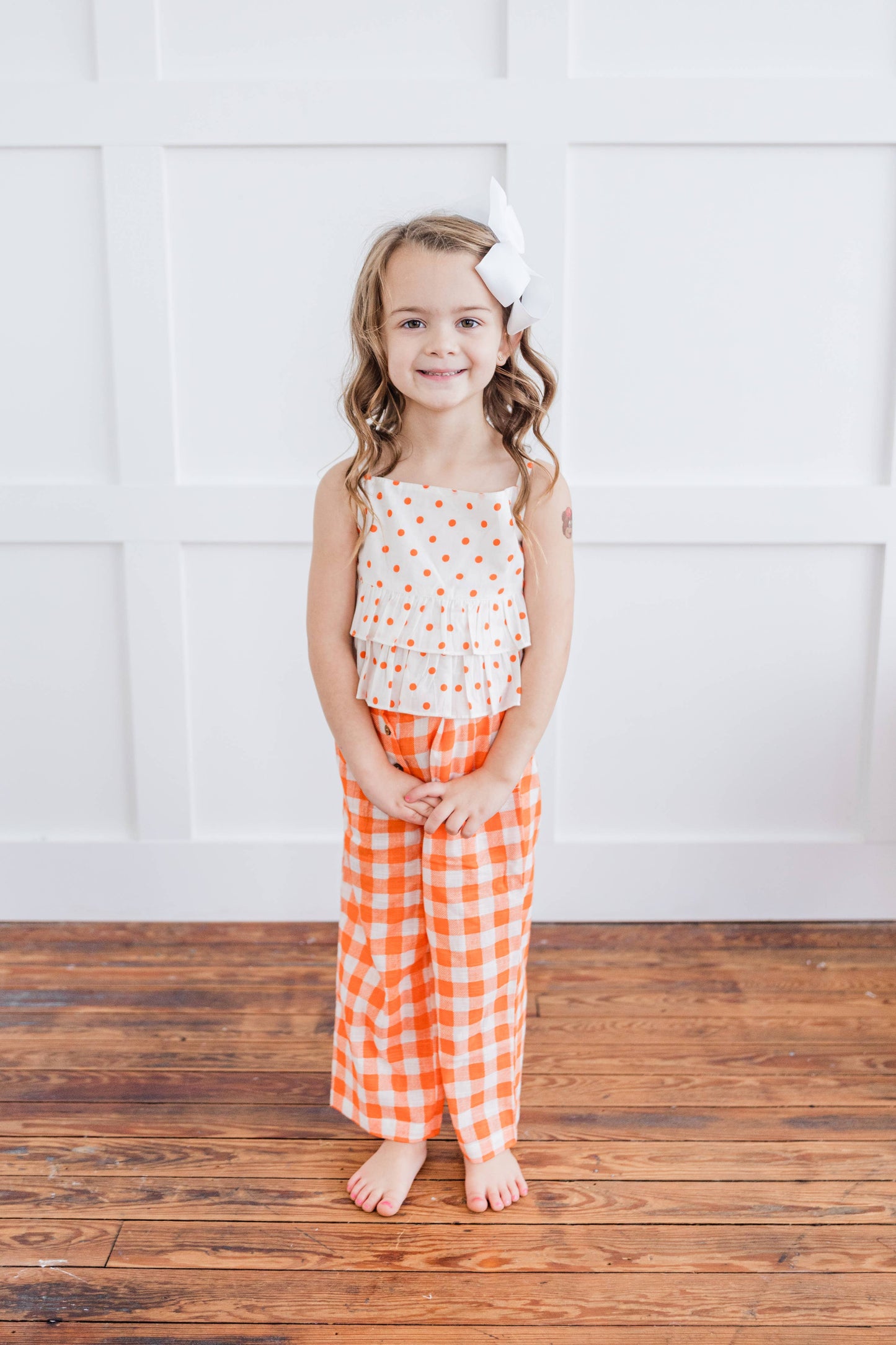 Orange Polka Dot Top & Orange Checkered Pants Set : Toddler : Tween : Kids