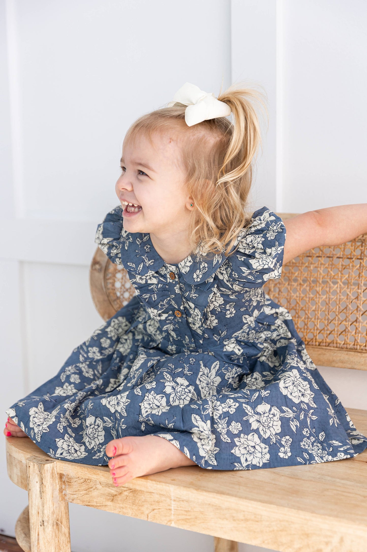 Grey Floral Printed Puff Sleeves Gathered Dress : Infant : Baby : Toddler : Tween : Kids