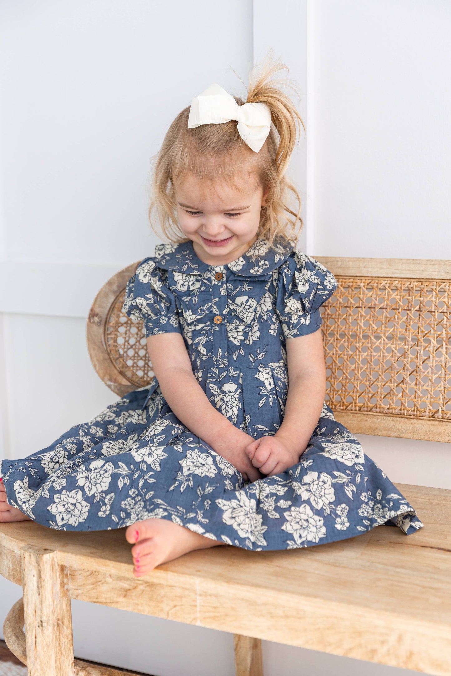 Grey Floral Printed Puff Sleeves Gathered Dress : Infant : Baby : Toddler : Tween : Kids