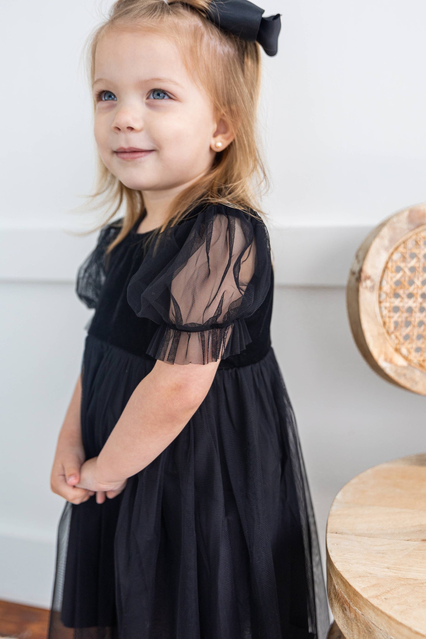 Black Tulle Puff Sleeves Gathered Dress : Infant : Baby : Toddler : Tween : Kids